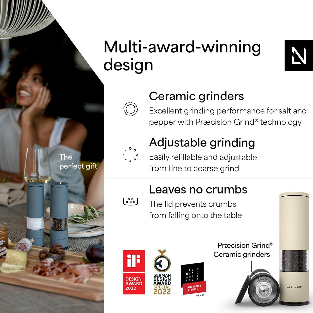 LARS NYSØM Salt and Pepper Grinder Set Manual, Stainless Steel Salt and Pepper Mills with Adjustable Ceramic Grinder I Design Spice Shakers (Black/Beige)