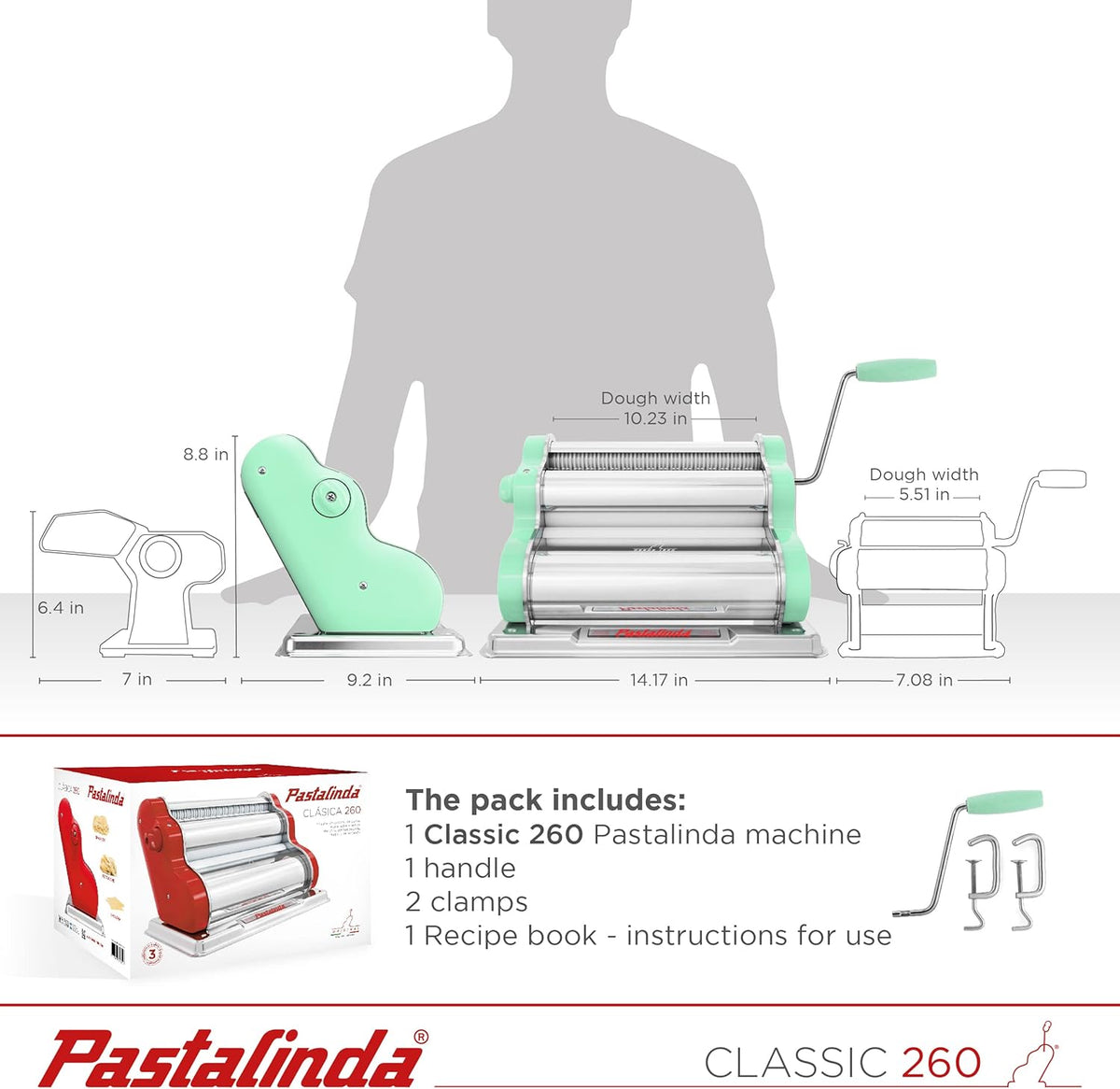 PASTALINDA Classic 260 Pasta Maker Machine, 26 cm Wide Rollers, 9 Thickness Positions, 2 Cutting Positions, Stainless Steel. Includes Reinforced Hand Crank And Two Clamps (Pastel Green)