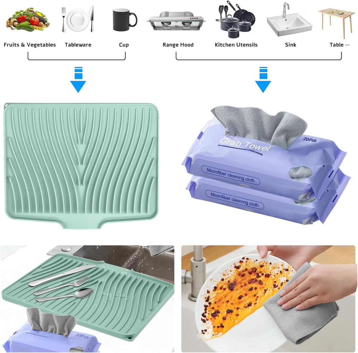 Silicone Dish Drying Mat, Stone Drying Mat for Kitchen Counter with Built-in Drain, Non-Slip 15.8" X 13" Drying Matt Kitchen Counter and Grey Microfiber Cleaning Cloth, Cleaning Rags Set(Mint)