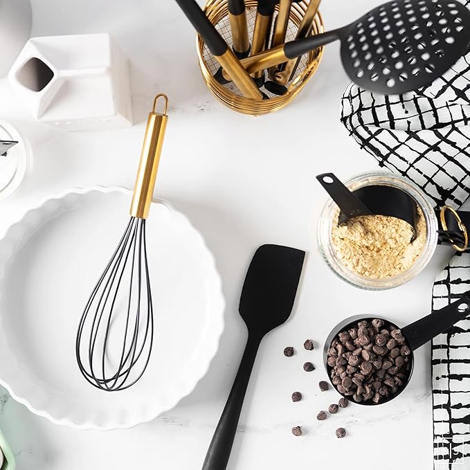 Black and Gold Kitchen Utensils Set with Stainless Steel Holder – 18-Piece Nylon Cooking Utensils with Measuring Cups and Spoons – Stylish Gold Kitchen Accessories for Baking and Cooking