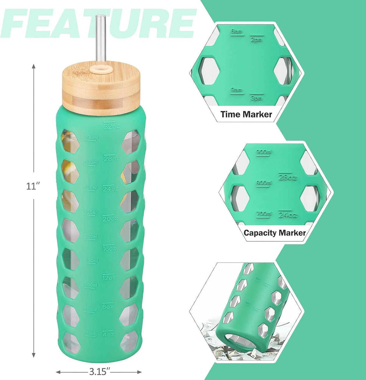 MUKOKO Glass Water Bottles, 32oz Glass Tumbler with Straw, Drinking Bottles with 2 Lids-Handle Spout Lid&Bamboo Straw Lid, Motivational Water Bottle with Time Marker and Silicone Sleeve, 1 Pack-Green