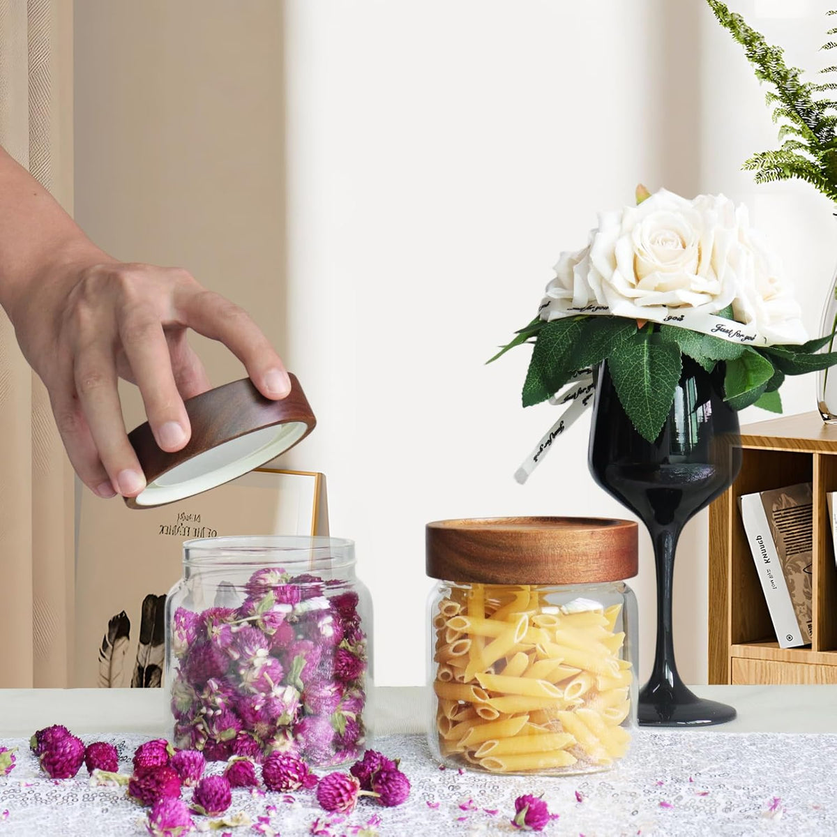 Glass Coffee Jars Spice Jar Round Storage Canister with Wooden Lid Clear Glass Food Jar for Pantry Sugar Tea Coffee Bean Spice Nuts Cookies Bath Salts (500ml/16oz-2pack)