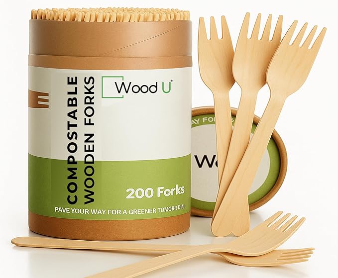 Disposable Wooden Forks by WoodU | 100% All-Natural, Eco-Friendly, Biodegradable, and Compostable - Pack of 200-6.5" forks cutlery utensils