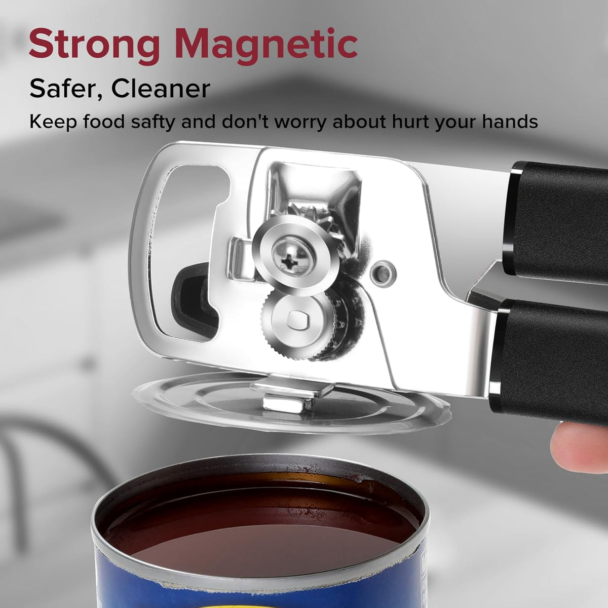 Can Opener Manual w/Magnet - Heavy Duty Hand Held Can Openers & Bottle Opener, Sharp Blade, Smooth Edge on Cans, Soft Grip Rubber Handle, Effortless Turn Knob for Seniors and Arthritis, Black