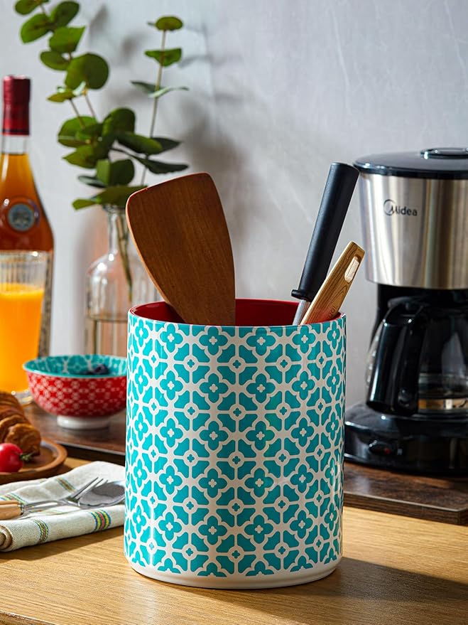 DOWAN Colorful Large Utensil Holder, 7.2" x 6.2" Ceramic Kitchen Utensil Holder for Countertop, Vibrant Patterned Utensil Crock with Protection Cork Mat, Utensil Caddy for Housewarming & Wedding Gift