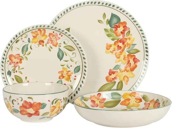 Bloomhouse Cassia Bud 16 Piece Double Bowl Hand Painted Stoneware Plates and Bowls Floral Dinnerware Set