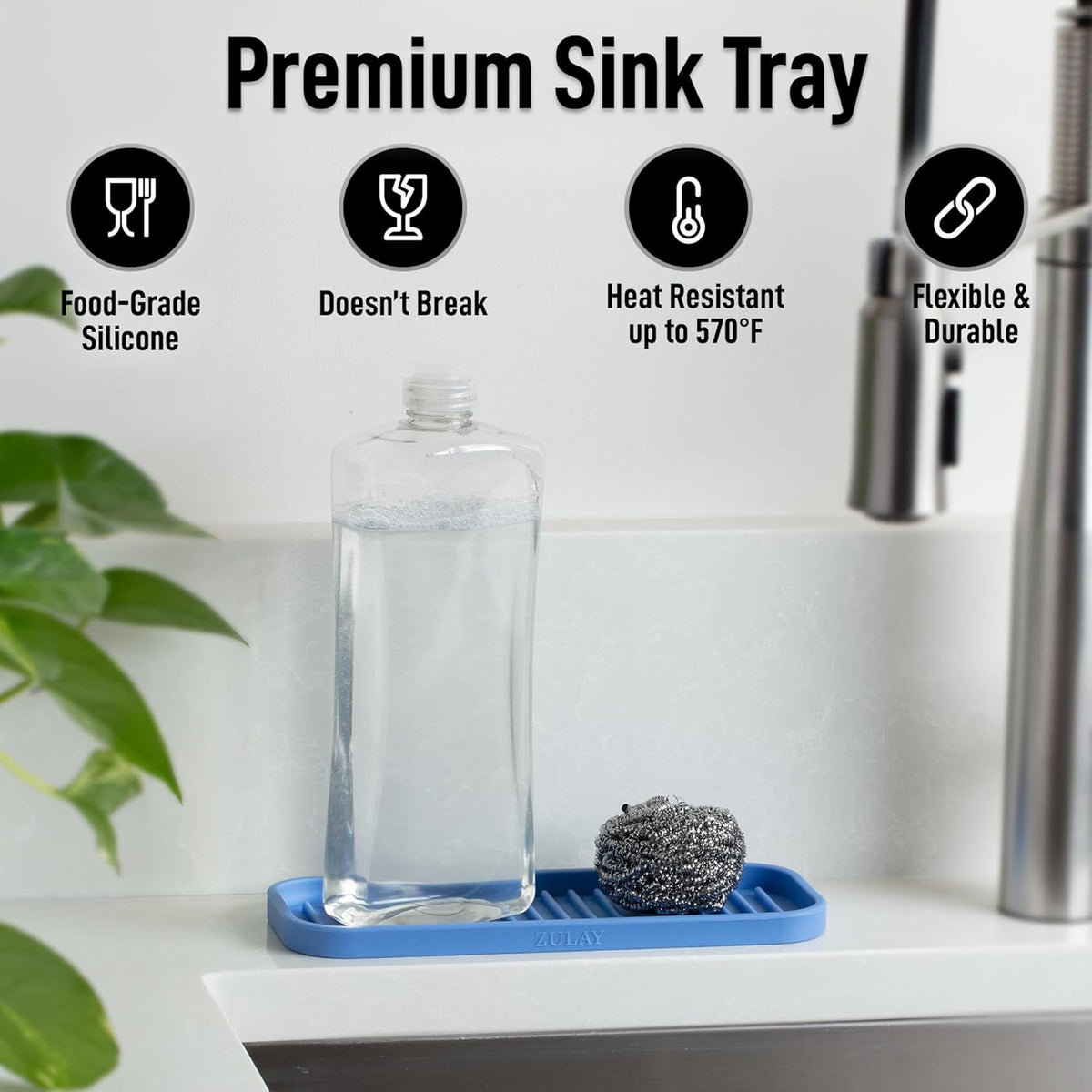 Zulay Kitchen (9x3.5) Silicone Sponge Holder for Kitchen Sink - Flexible Multipurpose Soap Tray Sponge Holder - Sink Organizer Tray for, Bathroom, Makeup, Trinkets & More (Provence Blue)