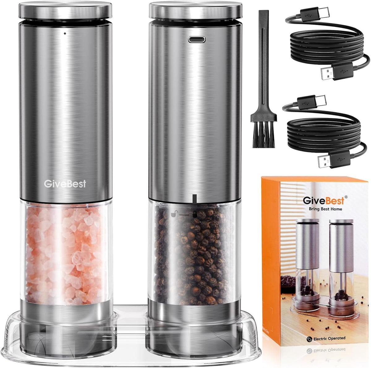 GiveBest Electric Salt and Pepper Grinder Set – Rechargeable Stainless Steel Mills, 100 ml Automatic Shakers Set with 6-Level Adjustable Coarseness and Light, Upgraded Larger Capacity