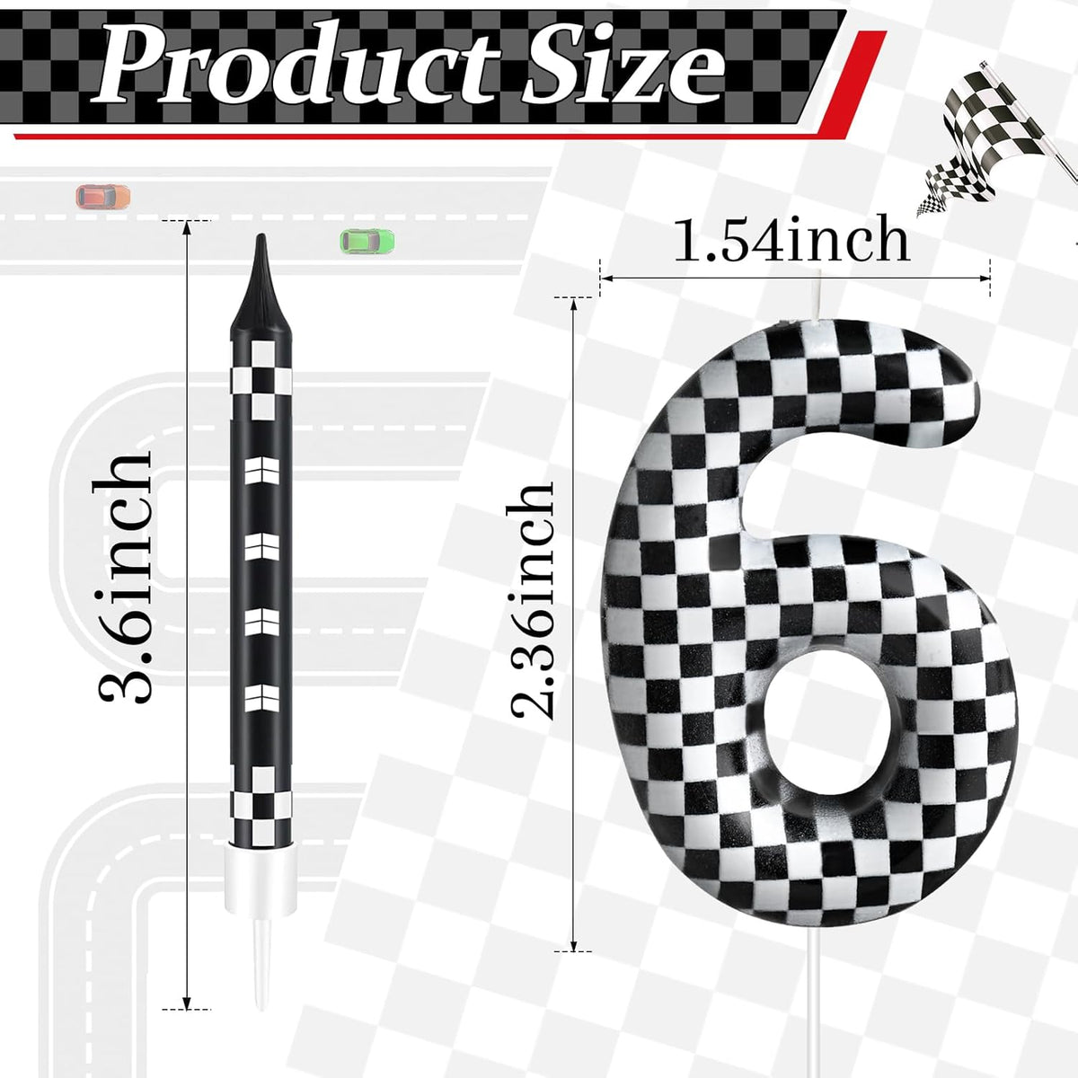 13 Pcs Racing Cars Themed Birthday Candles 12 Black and White Race Number 6 Checkered Candle Cake Topper for Racing Car Party Decoration Supplies (Number 6)