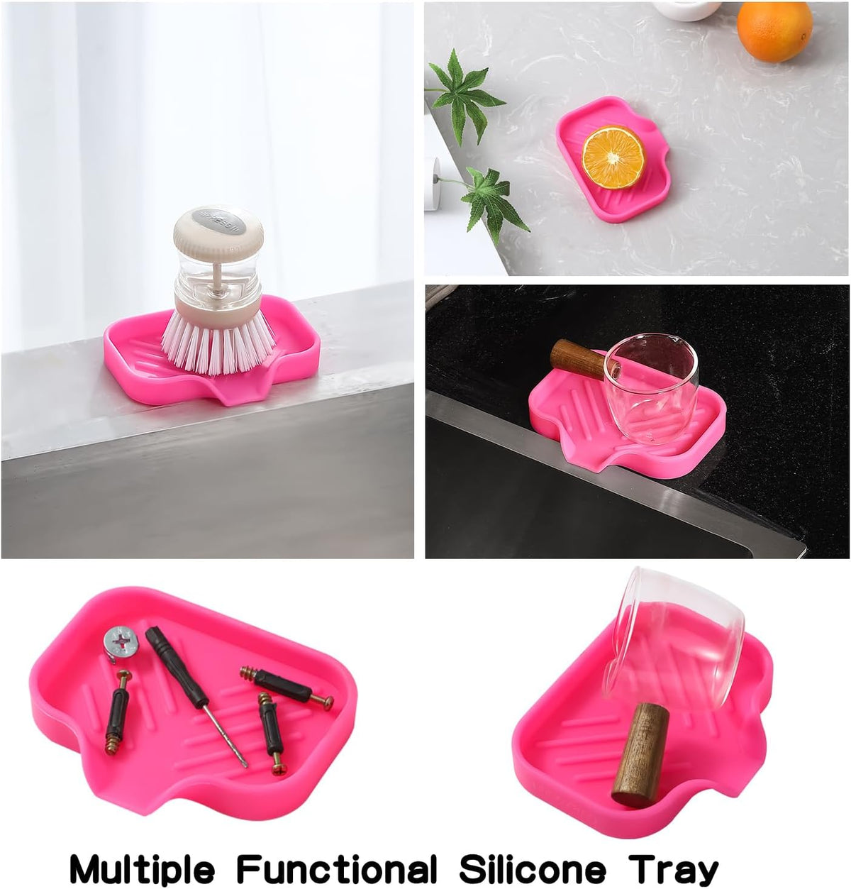 Silicone Bathroom Soap Dishes with Drain Spout-Bathroom and Kitchen Sink Organizer,Sponge Holder,Dish Soap Tray,Perfect for Dispenser,Scrubber,Bottle,Cup on Sink or Counter-Rose 4.9"×3.2"