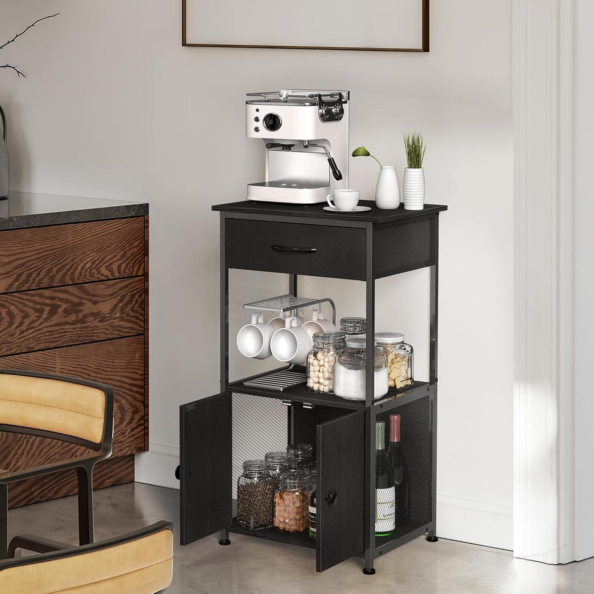 4-Tier Small Coffee Bar with Storage,Kitchen Stand,Farmhouse-Style Coffee Bar with Storage Featuring 2-Door Cabinet for Living Room,Kitchen (Black)