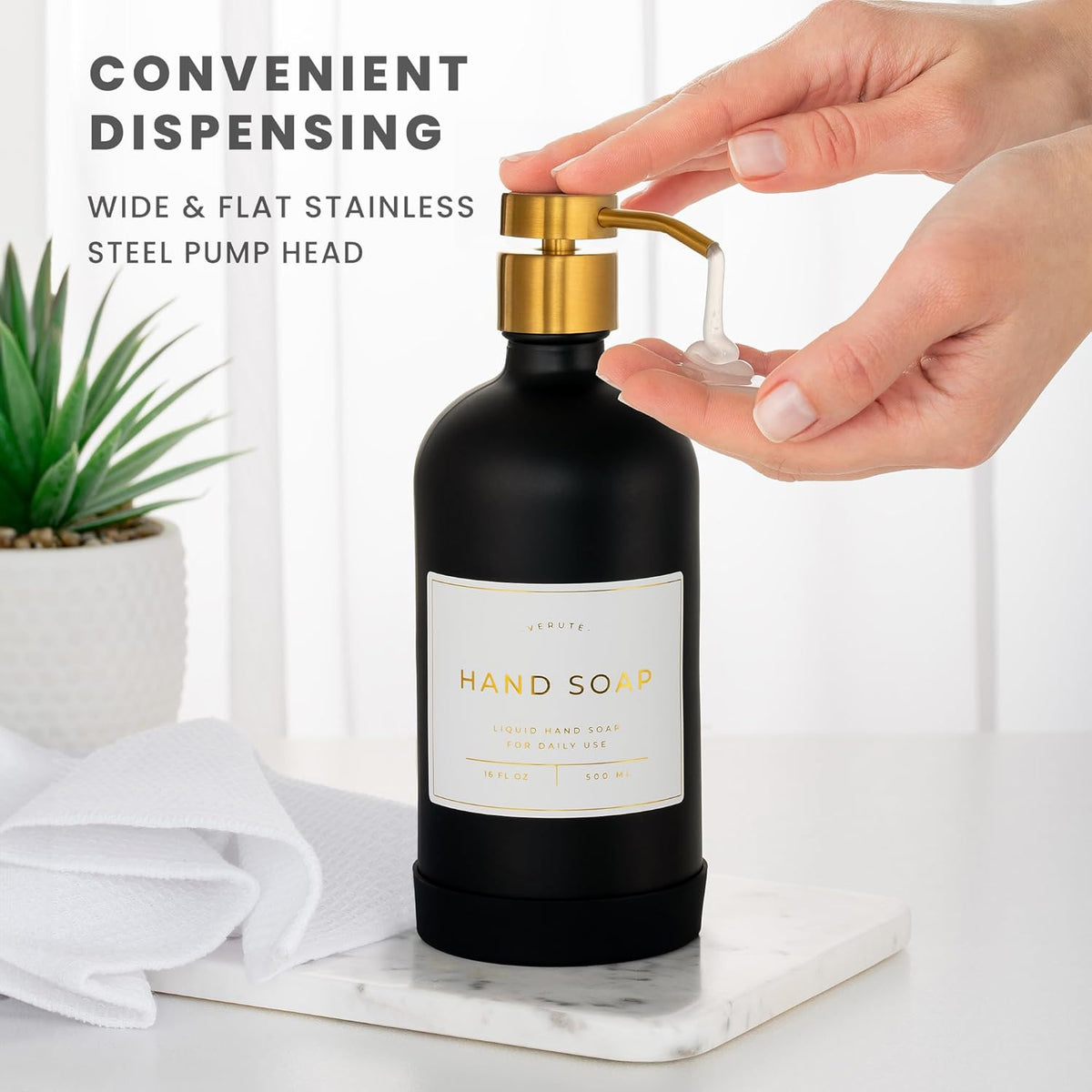 16oz Glass Soap Dispenser with Stainless Steel Pump, 21 Waterproof Labels, Non-Slip Protective Silicone Pad, Set of 2 for Bathroom & Kitchen (Matte Black Bottle/Brushed Gold Pump)