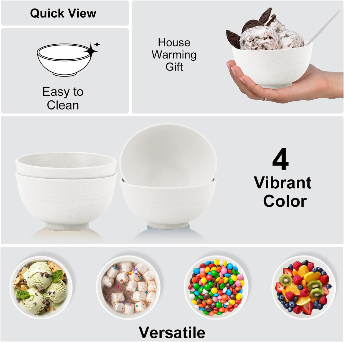 Wheat Straw Snack Bowls 10oz Set of 8 - Unbreakable Dessert Bowl for Kids - Small White Bowls for Ice Cream,Snack and Fruits - Microwave & Dishwasher Safe Mini Appetizer Bowl Sets - White