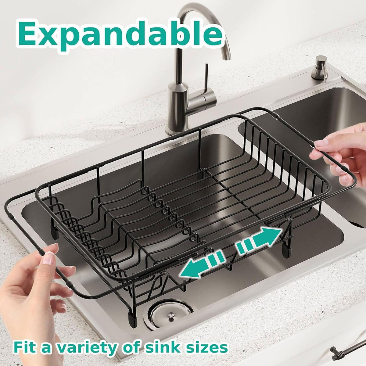 Dish Drying Rack in Sink Expandable Stainless Steel Kitchen Dish Drainer with 4 Cup Holders, Black