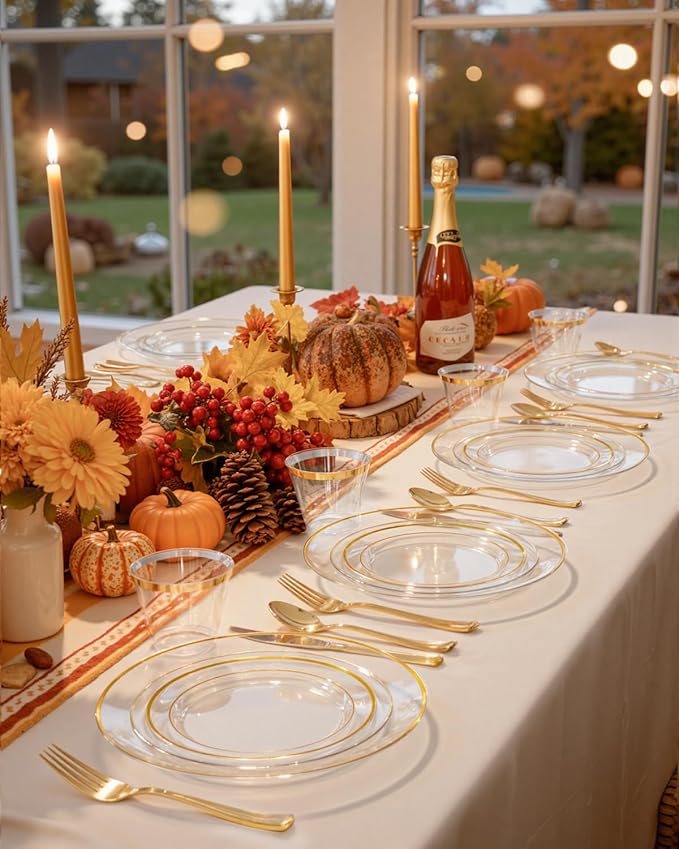 bUCLA 150Pcs Clear Gold Plastic Dinnerware Set - Clear and Gold Disposable Plates Include 25 Dinner / 25 Dessert Plates,25 Knives,25 Forks,25 Spoons,25 Cups for Party, Fall & Thanksgiving