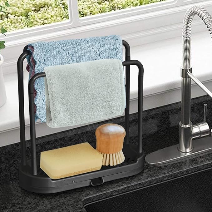 Kitchen Sink Rack Tray Organizer Stand for Sponge, Dish Cloth, Rag, Brush, Scrubber Storage and Organization (Black)