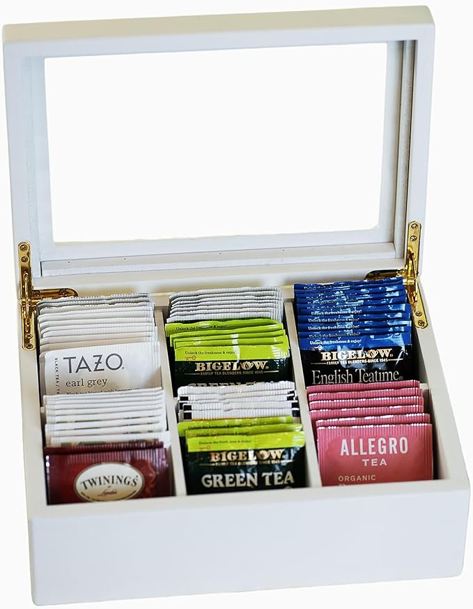 Break Tradition Wooden Tea Organizer For Tea Bags - Wooden Tea Chest With 6 Compartments - Clear Top Window - Lid Stays Open (White)