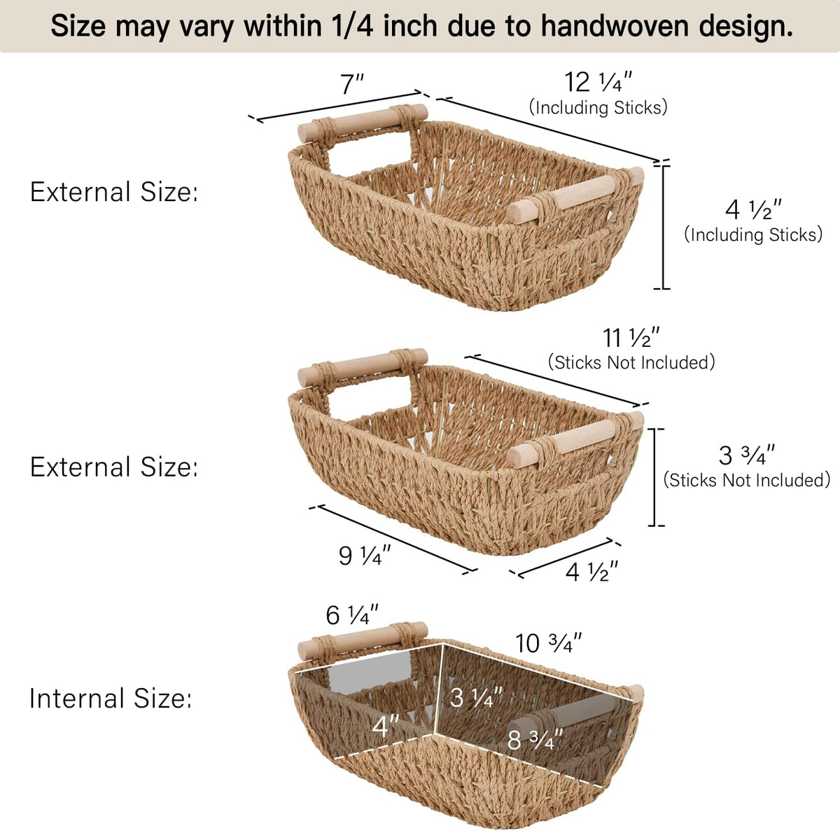 StorageWorks Hand-Woven Small Wicker Baskets, Round Paper Rope Storage Baskets with Wooden Handles, Light Brown, 2-Pack
