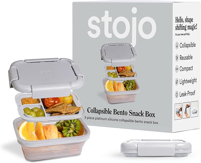 STOJO Collapsible Bento Box, Reusable, Leak-Proof, Microwave & Dishwasher Safe, Premium Lunch Container with Divider – Space-Saving, Transparent Design (Cashmere, 2.75-Cup/650mL)