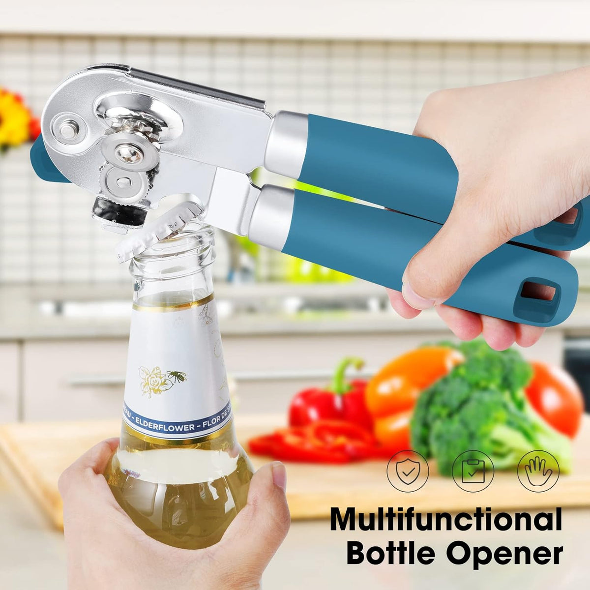 Beneno Can Opener Manual with Magnet, Hand Held Heavy Duty Can Opener with Durable Sharp Blade Smooth Edge, Big Effort-Saving Knob, Soft Grip Rubber Handle, Multifunctional Bottle Opener, Aqua