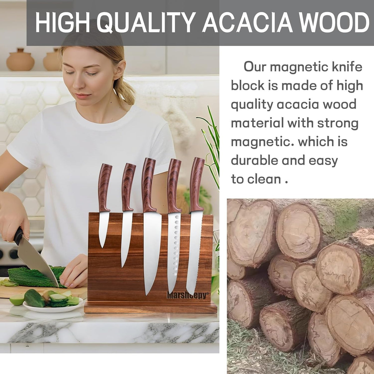 Home Kitchen Magnetic Knife Block，Double Sided Magnetic Knife Holder Rack for Kitchen Counter，Acacia Wood with Strong Enhanced Magnets Knife Storage Stand