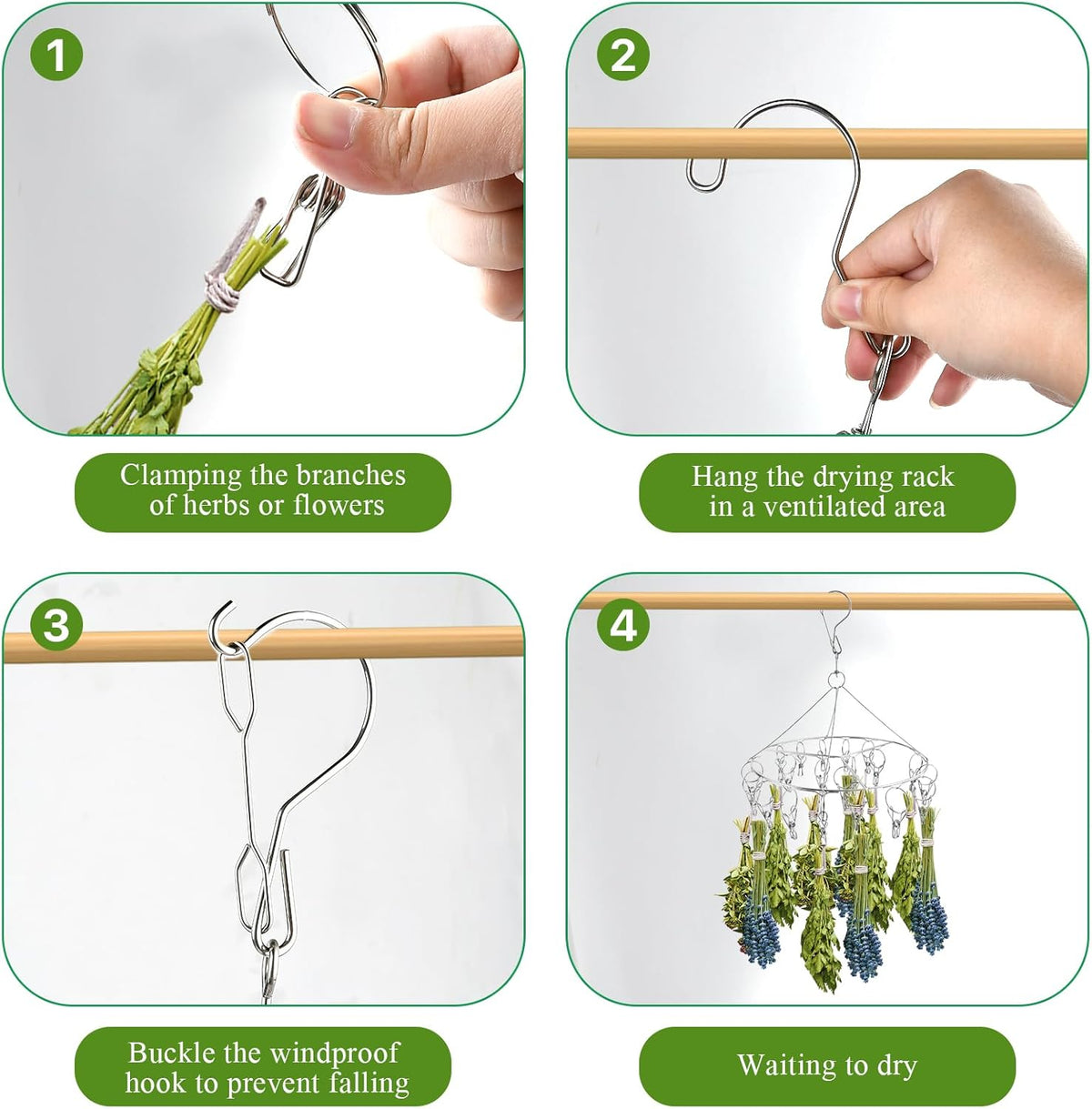 4Pcs Hanging Herb Drying Rack for Herb, Stainless Steel Herb Drying Rack with 20 Hooks, Flower Drying Rack for Herbs, Space Saving Herb Dryer for Fresh and Aromatic Herbs(Round), RHB-001