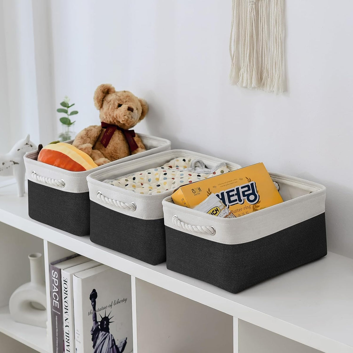 TheWarmHome Storage Basket for Organizing - 3 Pack 13.8x9.8x6.7 inch Medium Collapsible Storage Bin for Shelves with Handles Organizer Closet Cubes Cloth Gift Toy (White & Black)