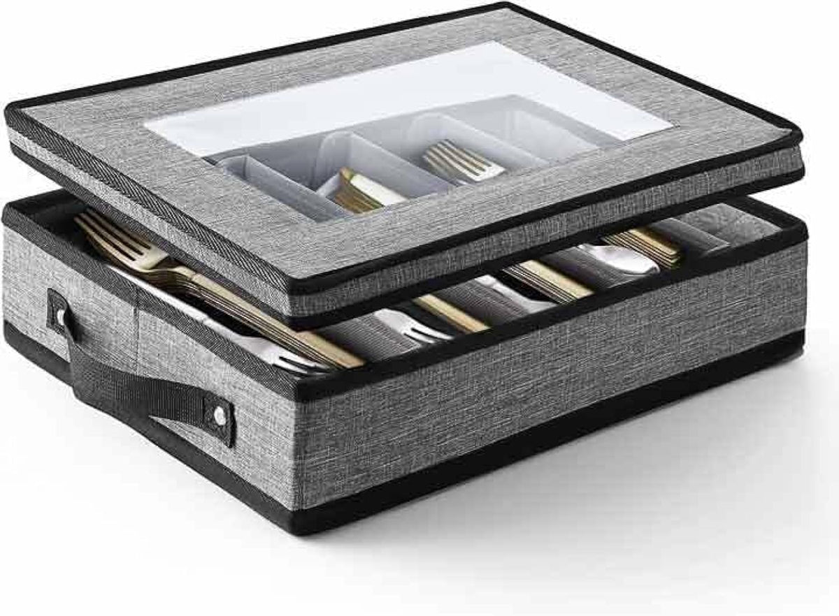 Flatware & Utensil Storage, Durable Silverware Storage Box with Padded Dividers, 5 Compartment Flatware Storage Case, Silverware Case with Handles, Protects and Organizes Cutlery, Grey