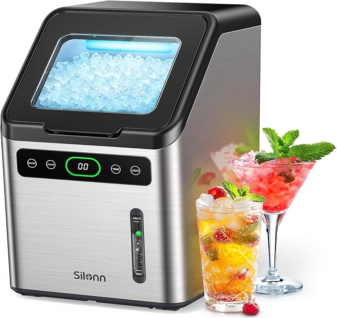 Silonn Nugget Ice Makers Countertop,Timer Pebble Ice Maker with Soft Chewable Ice, 44lbs per Day Ice Machine with Self-Cleaning,One-Click Operation, Stainless Steel