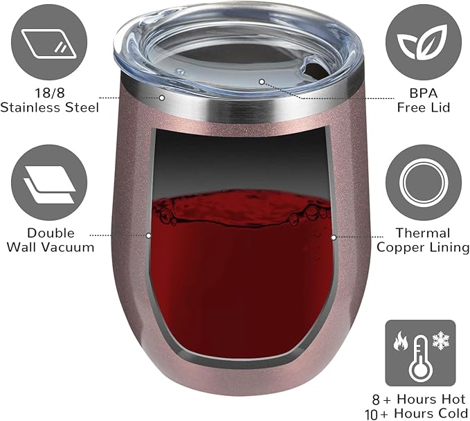 MEWAY 12oz/8 Pack Wine Tumbler Glasses with Lid - Stemless Double Wall Vacuum Stainless Steel Travel Tumbler - Keeping Cold & Hot for Wine,Coffee,Cocktails,Drinks (Rose gold,Set of 8)