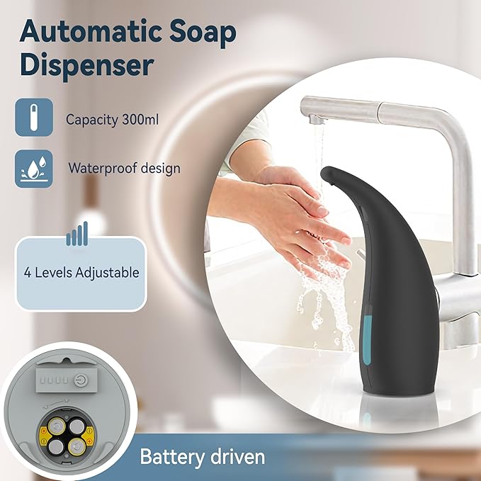 Automatic Soap Dispenser with Infrared Sensor - Adjustable 4-Level Touchless Hand Soap for Kitchen, Bathroom - Battery Operated Electric Dispenser, Durable Plastic, Smart Soap Holder (Black)
