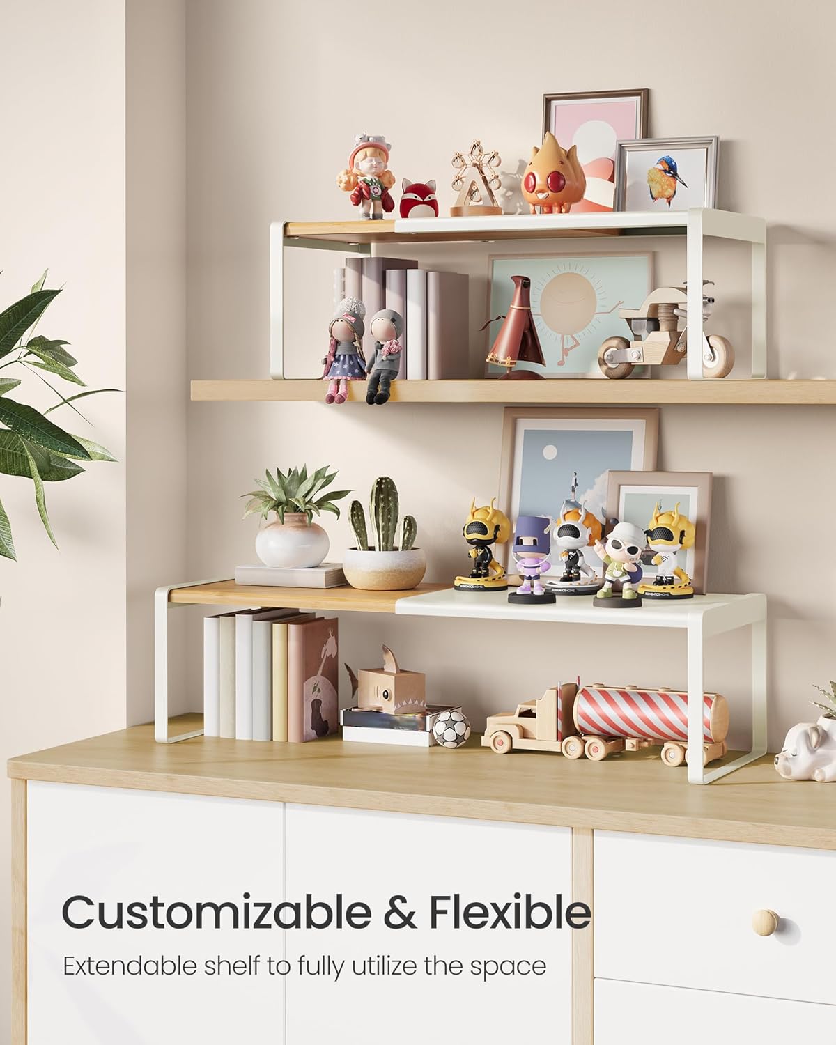 SONGMICS HOME Spice Racks, Expandable Cupboard Shelf Orgnizers, Kitchen Counter Shelves, Bamboo and Metal, Space-Saving Shelving, Stackable, Light Bamboo and Cream White UKCS051N01