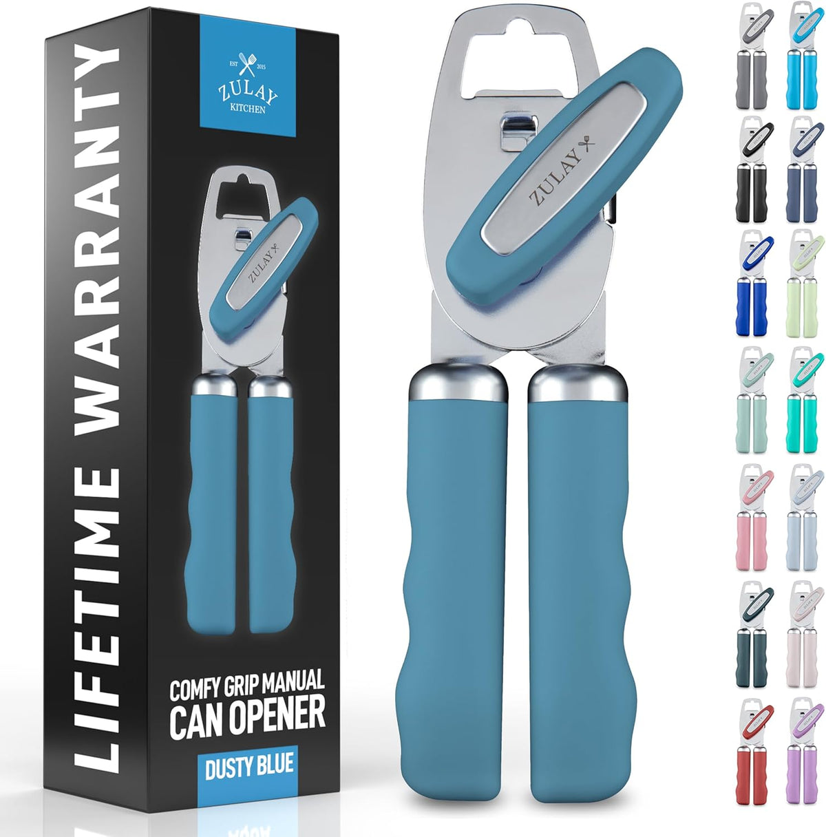 Zulay Kitchen Heavy Duty Stainless Steel Can Opener Manual with Bottle Opener - Rust Proof Manual Can Opener With Turn Knob & Comfy Soft Grip Handles - Dusty Blue