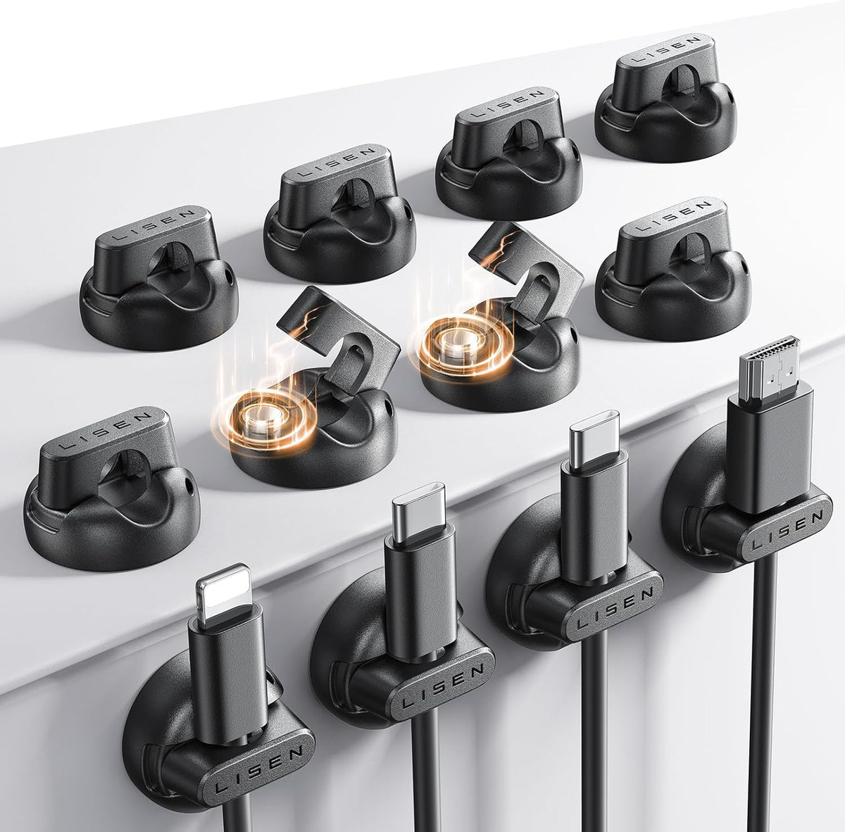 12-Pack Magnetic Cable Clips [1S Snap-On] Cord Holder, LISEN Office Desk Organizers and Accessories with 4 Extra Strong Adhesive Pads, Wire Organizer for Nightstand, Home, Wall, Car, Desktop