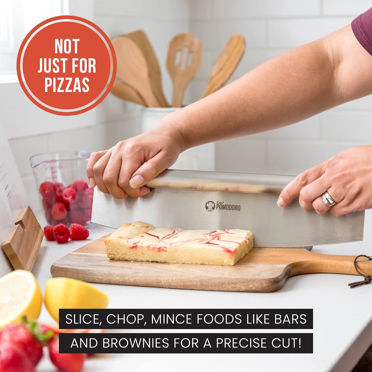 Chef Pomodoro Pizza Cutter Rocker Knife with Protective Cover, Multipurpose 14 Inch Mezzaluna Chopper with Super Sharp Stainless Steel Blade, Blade Cover, Premium Pizza Accessories Dishwasher Safe