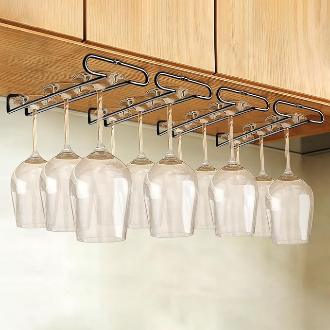 GeLive Set of 4 Cabinet Stemware Rack 10 Inch Under Shelf Wine Glass Holder Storage Hanger Organizer for Kitchen and Bar (Black)