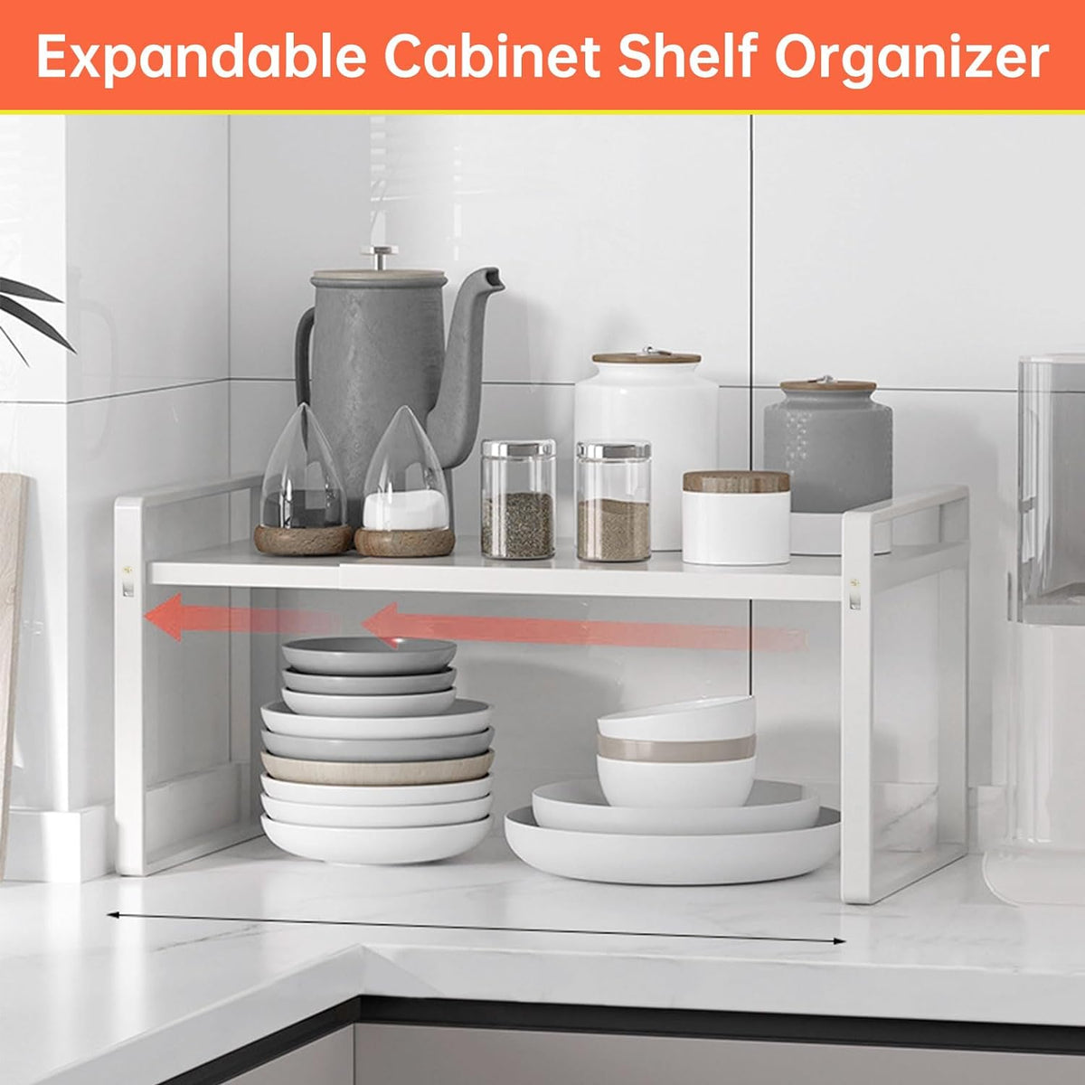 Expandable Cabinet Shelf Organizer Rack 9 inch, Pantry Organizer Lengthen from 14” to 25” ， Large Kitchen Cabinet Storage Shelf Rack， Storage Organizer white，Spice Rack Expandable Shelves,