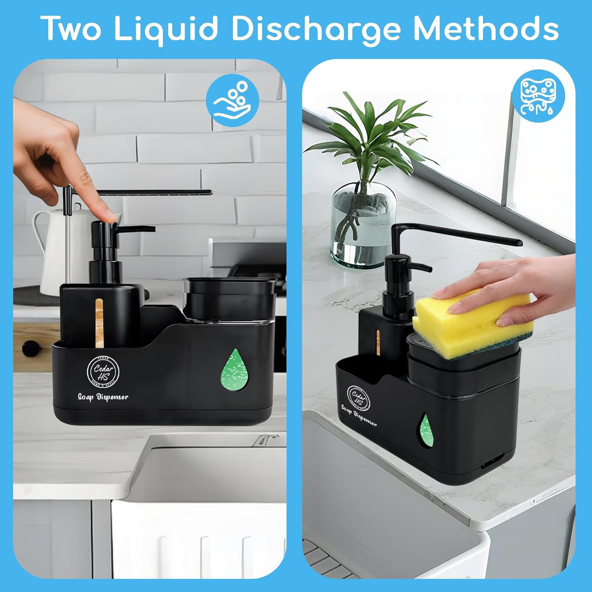Kitchen Hand and Dish Soap Dispenser Set (Black) – Dual Pump Bottles with Sponge Caddy, Brush Holder, Towel Bar & Drain Rack – Space-Saving Countertop Organizer for Sink & Bathroom