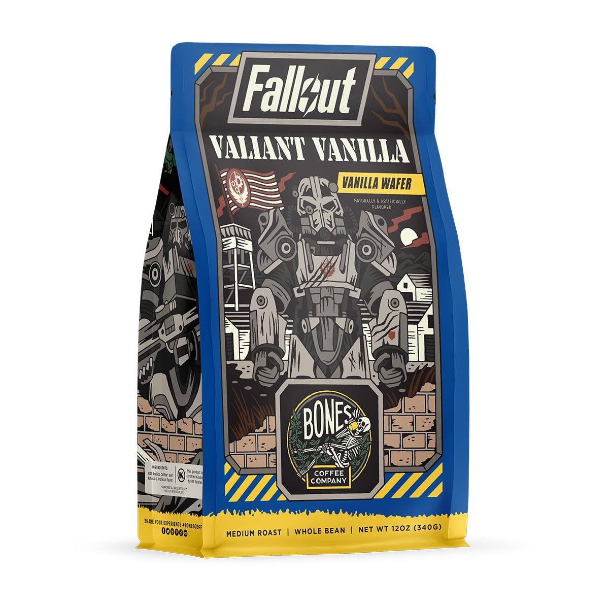 Bones Coffee Company Fallout Valiant Vanilla, Vanilla Wafer Flavored Coffee, Medium Roast Low Acid Arabica Beans Compatible with Auto drip and French Press Coffee Maker, 12 Oz Whole Bean