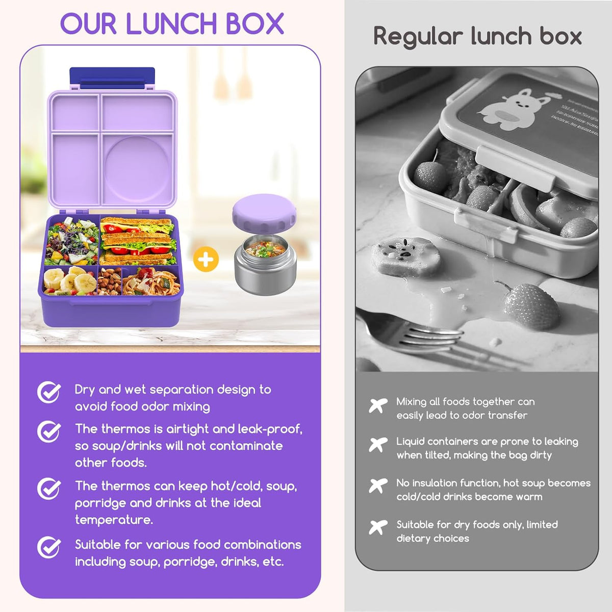 Bento Box for Kids - Leak-Proof Lunch Box with Insulated Thermos Food Jar - 4 Compartments, 1 Removable Divider, 1Spoon, 1 Fork - Dishwasher Safe, BPA-Free (Light purple)