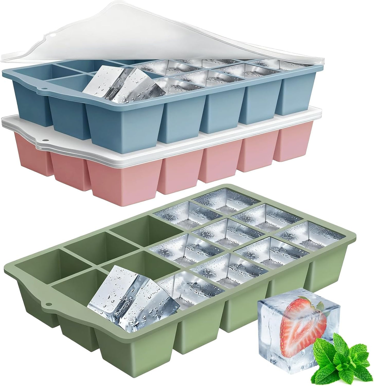Silicone Ice Cube Tray, 3 Pack Easy-Release Stackable Ice Trays for Freezer with Lid 15 Reusable Cubes, Food Grade BPA Free Ice Molds for Whiskey, Baby Food, Coffee, Cocktail (Blue+Green+Pink)