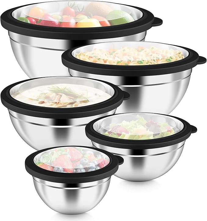 P&P CHEF Mixing Bowls with Visible Airtight Lids Set of 5, 10-Piece Stainless Steel Mixing Nesting Bowl, Metal Bowl with Lid for Kitchen Prepping & Storing, Size 4.6, 3, 1.5, 1, 0.7 QT, Black