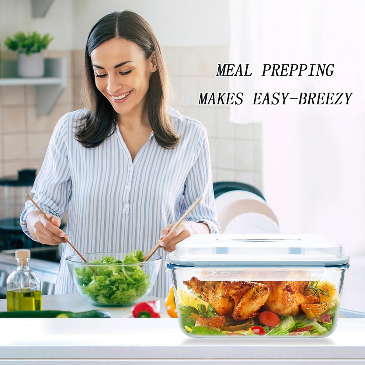 Large Glass Food Storage Container with Airtight Locking Lid ,Glass Food Storage Containers with Knife and Fork, 5600 ML / 189 oz /23 Cup - Storing Rotisserie Chicken, Food, Vegetables, Fruit
