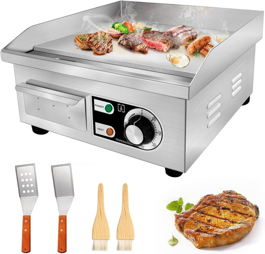 14" Commercial Electric Griddle,Electric Countertop Flat Top Griddle,110V 1500W Electric Flat Top Grill,Non-Stick Restaurant Teppanyaki Stainless Steel Grill,Adjustable Temperature Control