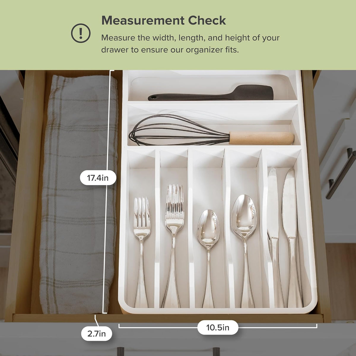 KitchenEdge Silverware Organizer - Cutlery, Flatware, and Utensil Holder for Kitchen Drawers, Fixed 10.5” Width, 7 Storage Compartments, Non-Slip Feet, Rounded Corners, 100% Bamboo, White Finish