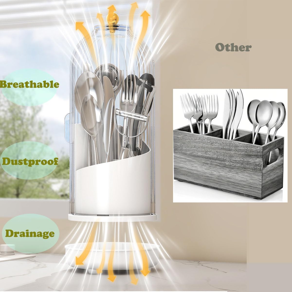 JEESA Utensil Holder with Lid, 360° Rotating Flatware Organizer for Cutlery Spoon Fork(H Less 8"), Silverware Caddy Organizer Drainage Dustproof Flatware Holder Kitchen Countertop Storage, White