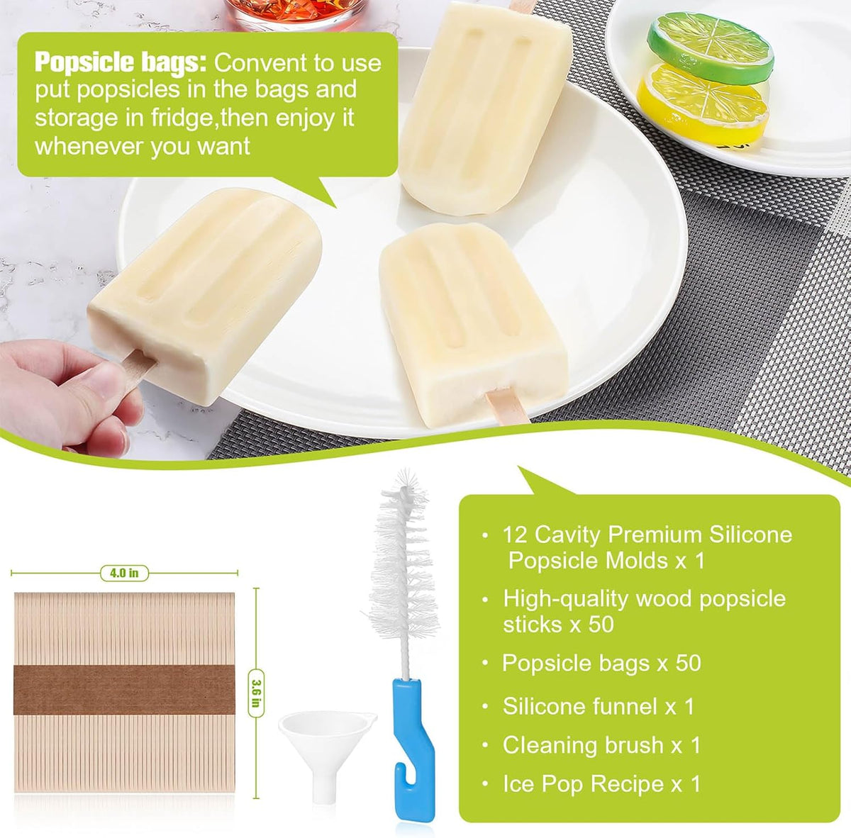 Silicone Popsicles Molds,Ice Pop Cream Mold Set Homemade Toddler Popsicle Maker For Kids Para Paletas De Helado Kulfi BPA Free, with 50 Sticks, 50 Bags,50 wire Ties (Green)