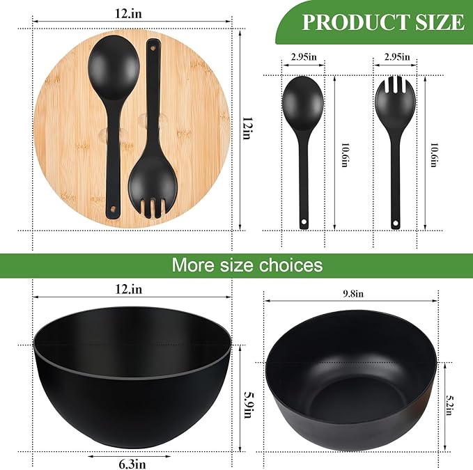 GEHE 12" Salad Bowls, Bamboo Fiber Salad Bowl with Lid, 7.7Qt Extra Large Mixing Bowls with Servers for Kitchen, Salad Serving Bowl Set with Utensils for Salad, Pasta, Fruits, Vegetables and Dessert