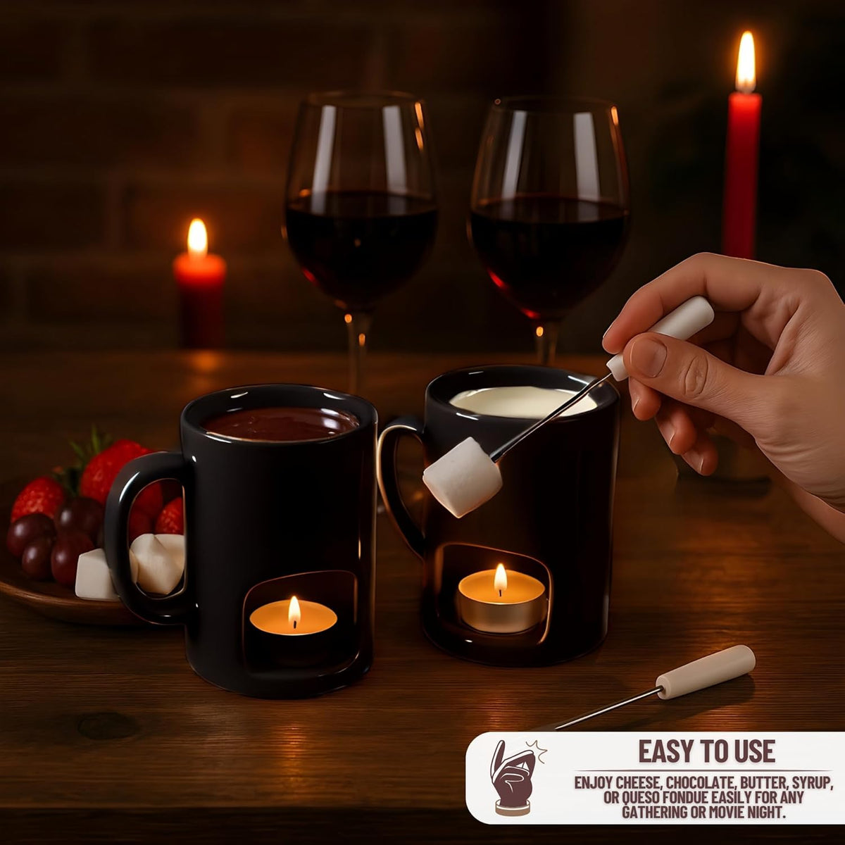 Evelots Fondue Pot Set for Chocolate, Cheese, Candy (2 Pack) Mini Ceramic Fondue Mugs Gift Set with 4 Forks & 8 Candles - Great for Date Night Birthday & Wedding Gifts
