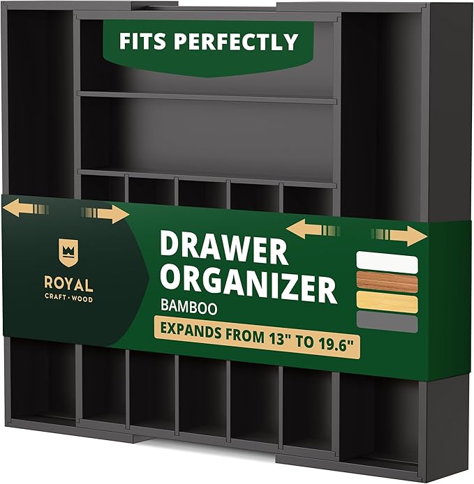 ROYAL CRAFT WOOD Luxury Bamboo Kitchen Drawer Organizer - Silverware Organizer - Utensil Holder and Cutlery Tray with Grooved Drawer Dividers for Flatware and Kitchen Utensils (9 Slot, Black)